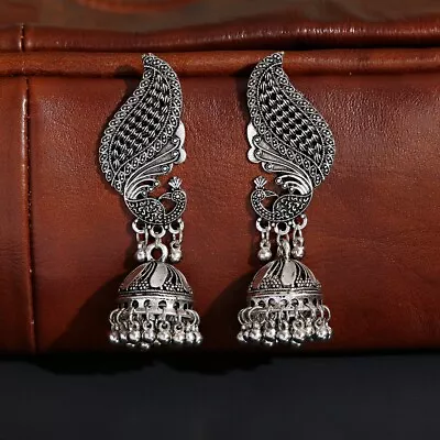 Ethnic Women's Peacock Pearl Earrings Indian Silver Color Bell Tassel Earrings • $5.78