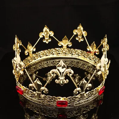 Men's Imperial Medieval Fleur De Lis Red Gold King Metal Crown 8cm Tall 56.5cm C • $28.49