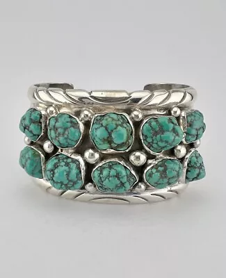 Vtg Navajo Sterling Silver Natural Seafoam Turquoise Cluster Cuff Bracelet 74g • $455.40