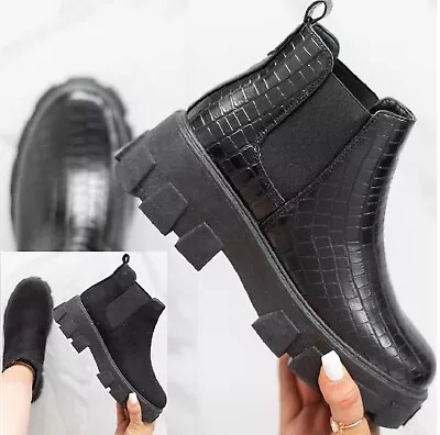 £12.99 • Buy Womens Flat Fashion Sole Slip On Chunky Ladies Chelsea Platform Ankle Boots Shoe