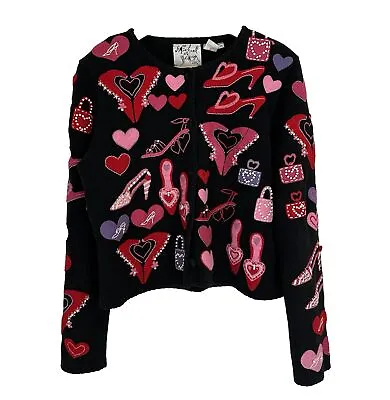 Michael Simon Valentine’s Day Vintage Embroidered Cardigan Size M Black Pink Red • $99