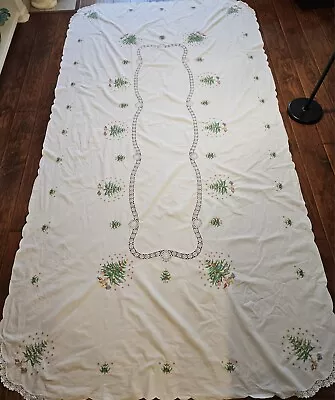 Vintage Cross Stitch Embroidery Handmade Christmas Tablecloth 120 ×63  • $150