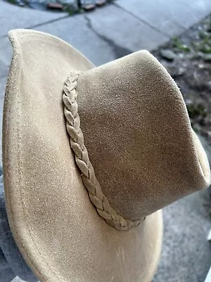 VTG Minnetonka Genuine Leather The Fold Up Hat Western Tan & Brown Rope Decor • $75