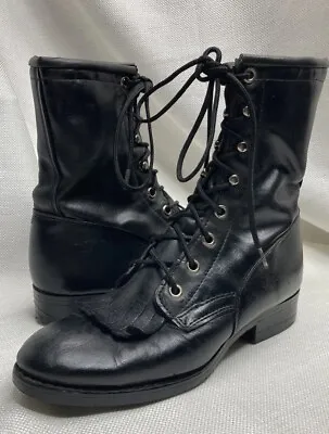 VTG Combat Kiltie Granny Lace Black Leather Ropers Wrangler W’s 6 USA Boots • $46.57