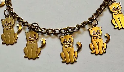 Vintage Brass 7 Cat Charm Bracelet Handmade To Fit Your Wrist Thin Cat 3/4 Of 1  • $19.95