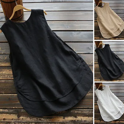 ZANZEA 8-24 Womens Crew Neck Pullover Cotton Linen Sleeveless Baggy Vest Tank AU • $13.05