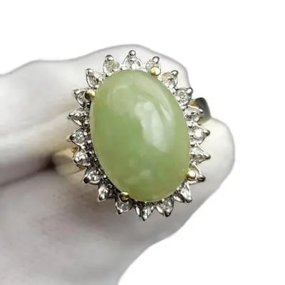 Vintage Estate Jade Diamond Halo Solid 14K Yellow Gold Cocktail Ring Size 6.5 • $224.99