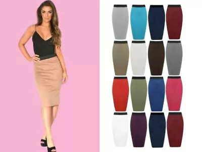 Ladies Plain Office Stretch Bodycon Midi Pencil Skirt Plus Size Uk 8-26 • £5.05