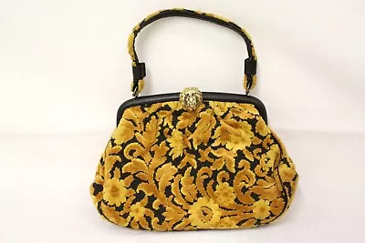 1960's Vintage Mod Tapestry  Carpet  Handbag Gold & Black Floral Print 11  X 8  • $50