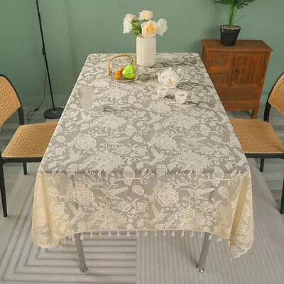 Vintage Embroidered Floral Bird Tablecloth Table Cover W/ Tassel Dinner Decor • $15.29