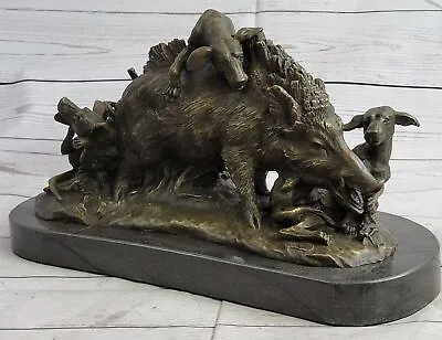 Signed Bronze Marble Wild Boar Hunting Dogs Animal Sculpture Figure Art Gift NR • $249.50
