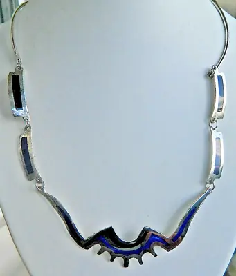 Striking Sterling Alpaca Mexico Black & Blue Inlay Link Necklace-length- 19  • $37.50