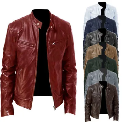 Men's PU Leather Jacket Motorcycle Biker Bomber Coat Stand Collar Outwear Zip Up • $35.65