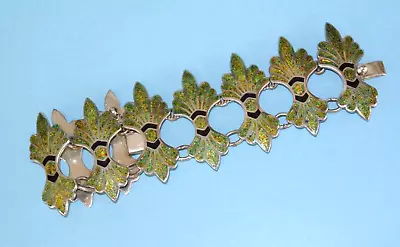 Margot De Taxco Mexico Sterling Silver Green Enamel Chunky Link Bracelet • $850