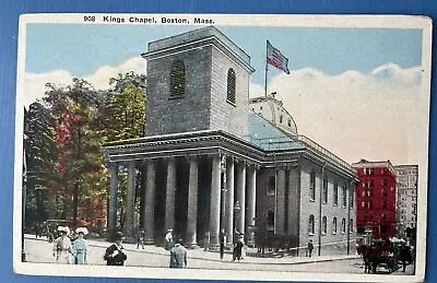Kings Chapel Boston MA White Border Postcard ~ Street Corner ~ Horse/Buggy • $0.99
