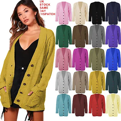 £13.99 • Buy Women Ladies Long Sleeve Button Top Chunky Aran Cable Knitted Grandad Cardigan