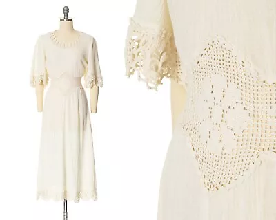 Vintage 1970s 70s Cotton Gauze Crochet Cream Bell Sleeve Boho Wedding Dress • $192