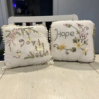 Ribbon Embroidered Throw Pillows 10” Square Set Of 2 Flowers Hope Joy Cat EUC • $14.72