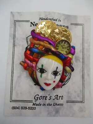 Vtg Mardi Gras Mask Pin Gold Coins Clock Face Gore's Art New Orleans Ghetto • $30.77