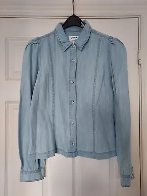 Miss Selfridge Pale Blue Denim Puff Sleeve Fitted Blouse Size 14 (Small Fit) • £10