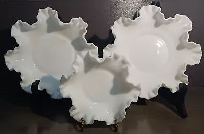 Vintage Fenton Hobnail White Milk Glass Ruffled/Crimped Rim Bowls Lot Of 3 • $10