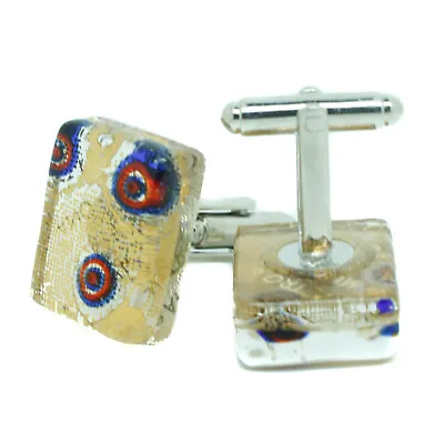 Murano Glass Cufflinks Rectangular Gold Blue Red Venice Wedding • £14.95