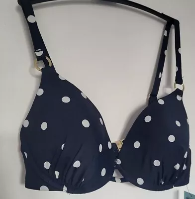 New Ex M&S Spot Polka Dot Navy White Bikini Top Brazilian Briefs High Waisted  • £7.99