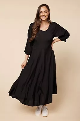 ADRIFT Felisha Black Bias Cut Rayon Long Sleeve Midi Maxi Dress XL Plus Size 16 • $59.95