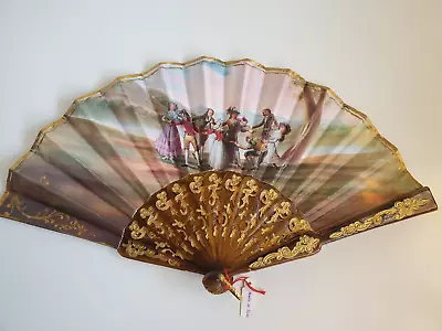 Vintage Spanish Pastoral Scene Lucite Tortoise And Cotton Paper Folding Hand Fan • $28