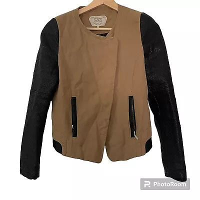 Zara Trafaluc Outerwear Bomber Jacket Faux Leather Sleeve Size S Linen Brown • $12.60