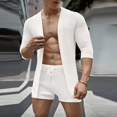 INCERUN Men Open Front Knitted Tops Sweater Jumper Shorts Hotpants Suit Set Plus • $33.24