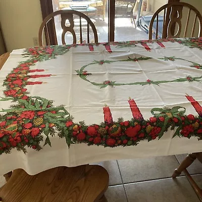 Large Vintage 1960s Printed Cotton Tablecloth Christmas Fruit & Candles 65 X 52 • $19.99