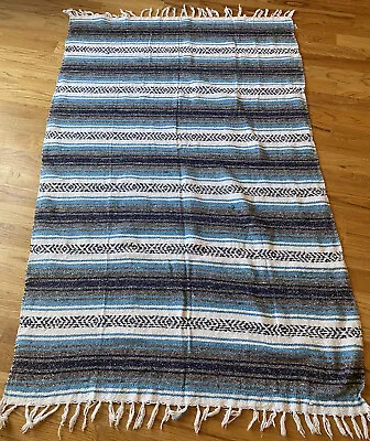Vintage Mexican Woven Blanket/ Serape JFR Textiles 100% Acrylic Navy/white • $39.99