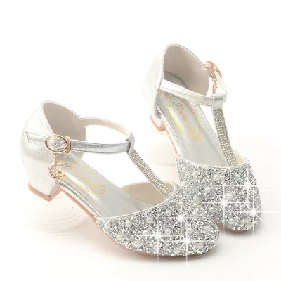 £5.99 • Buy Girls Diamante Shoes Wedding Party Bridesmaid Low Heel Mary Jane Evening Sandals