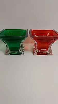 Pair Vtg Mikasa Lead Crystal Candle Holders Green & Red Czech Republic • $40