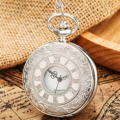 Steampunk Antique Silver Unisex Quartz Pocket Watch Necklace Chain Half Hunter • $4.59