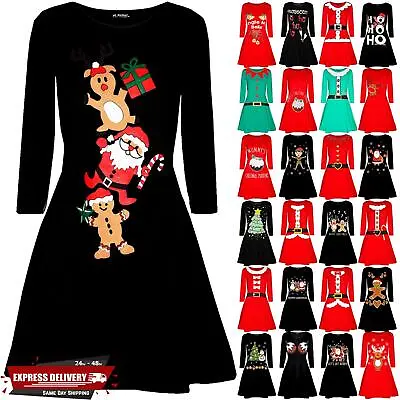 Womens Ladies Christmas Santa Reindeer Gingerbread Flared Mini Swing Dress • £6.19