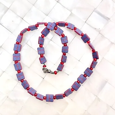 Handmade Polymer Clay Beaded Necklace Red & Blue Tones The Vintage Strand #9946 • $8.49