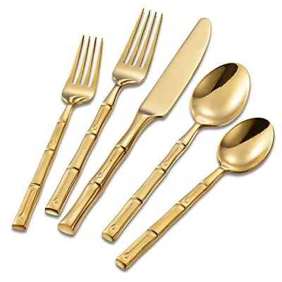 Flatware Set Gold Silverware Set With Bamboo Pattern Mirror Polished 20 Pieces C • $108.13