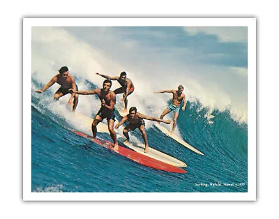 Surfing Waikiki - Honolulu Hawaii - Vintage Hawaiian Color Postcard 1955 • $12.98