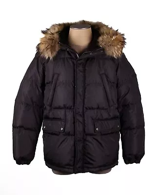 Prada Black Nylon Down Filled Raccoon Fur Trim Hood Puffer Coat Size 52 • $600