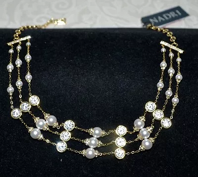 NWT $175 NADRI CZ Crystal Pearl Choker Goldtone Link Chain Short Necklace • $80.90