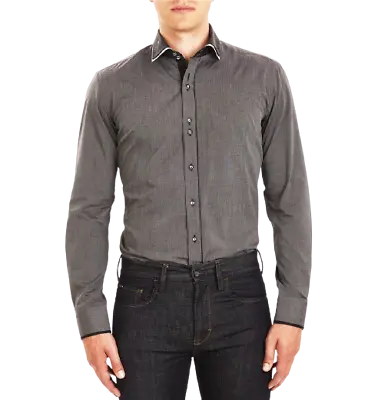 Men's Slim Fit Shirt Contrast Double Collar Charcoal GUIDE LONDON LS73917 • $87.11