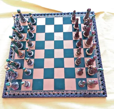 Small Medieval Theme Hand Painted Metal Chess Set By Italfama With Board . VGC. • £25