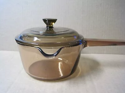 Corning Ware Vision Amber Glass Cookware 1L Sauce Pot Pan Spout With Lid • $29.99