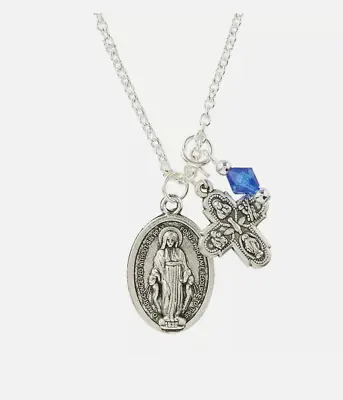 Miraculous Medal Necklace With Four Way Cross Pendant & Blue Bead Charm Catholic • $9.99