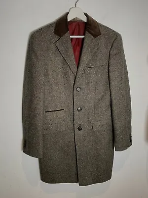 Marks & Spencer Moon Tweed Overcoat L Wool Crombie Smart Velvet Collar Coat • £53.90