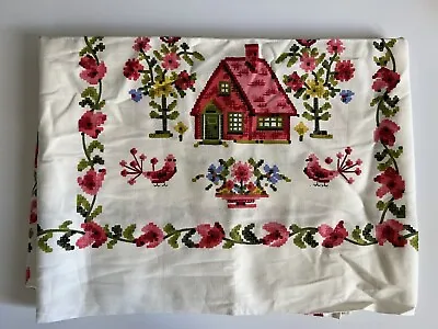 Folk Art Vintage Tablecloth Pink Floral House Village Man Woman Farm Birds • $39.99