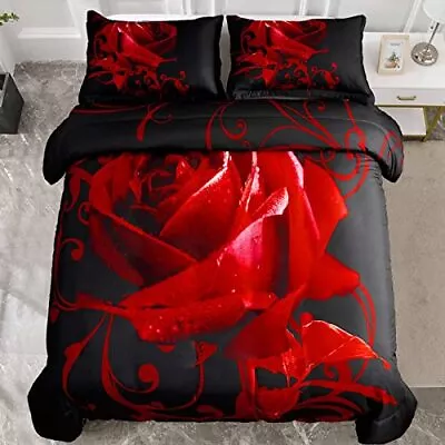 Red Duvet Cover Queen Size Reversible Rose Bedding Duvet Cover Set With Zippe... • $43.20