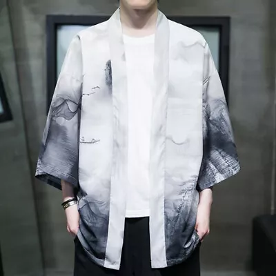 Men Kimono Coat Ethnic Retro Open Front Cardigan Loose Yukata Outwear Summer Top • $32.58